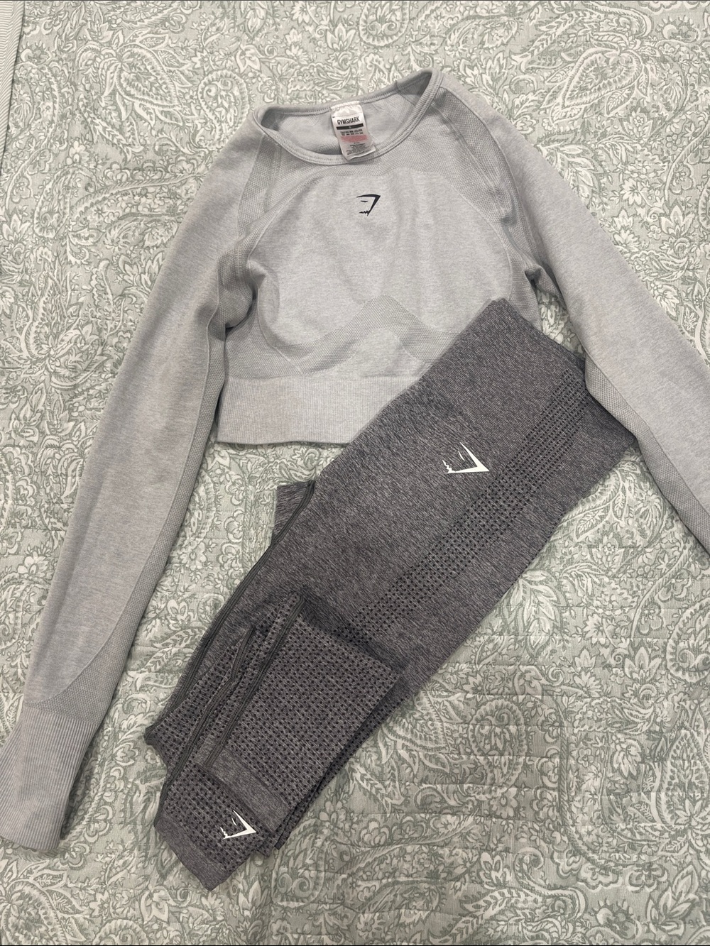 Gymshark Light Gray Cropped Long Sleeve Top with Charcoal Gray Leggings